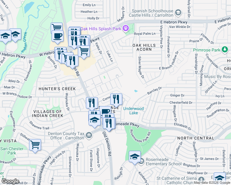 map of restaurants, bars, coffee shops, grocery stores, and more near 1060 Cornell Drive in Carrollton
