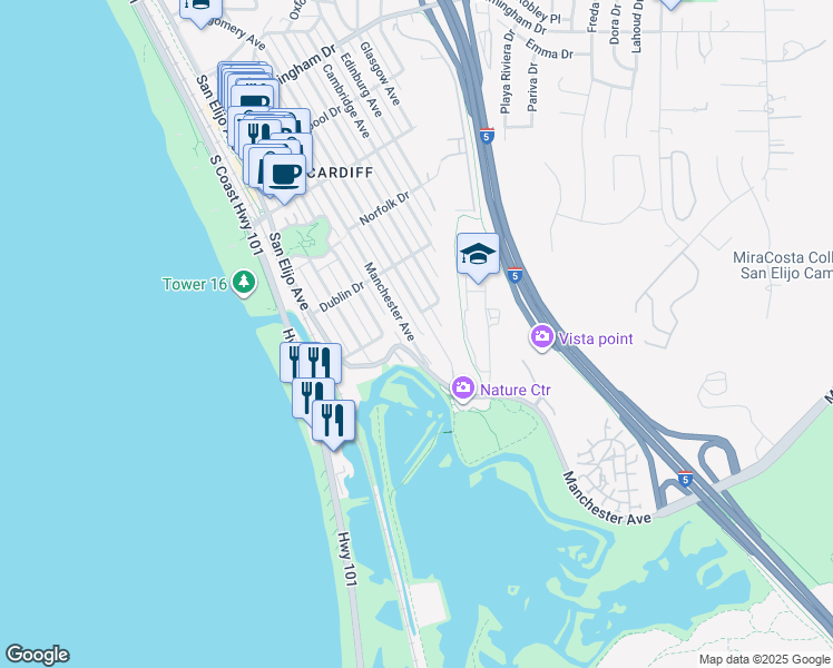 map of restaurants, bars, coffee shops, grocery stores, and more near 2556 Manchester Avenue in Encinitas