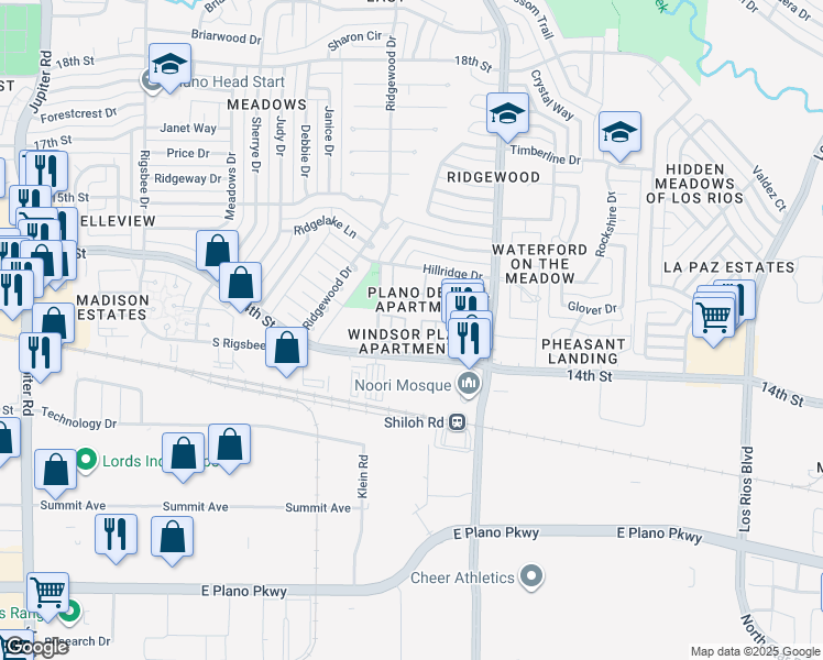 map of restaurants, bars, coffee shops, grocery stores, and more near 3535 14th Street in Plano