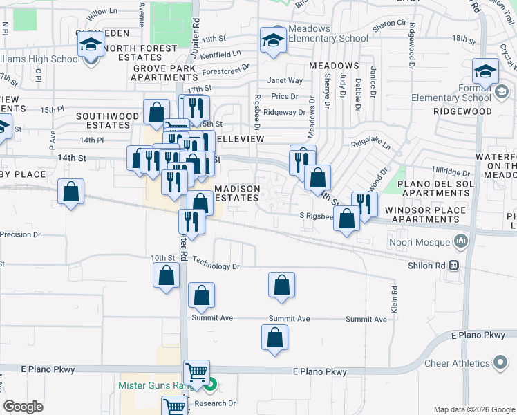 map of restaurants, bars, coffee shops, grocery stores, and more near 1361 Rigsbee Drive in Plano