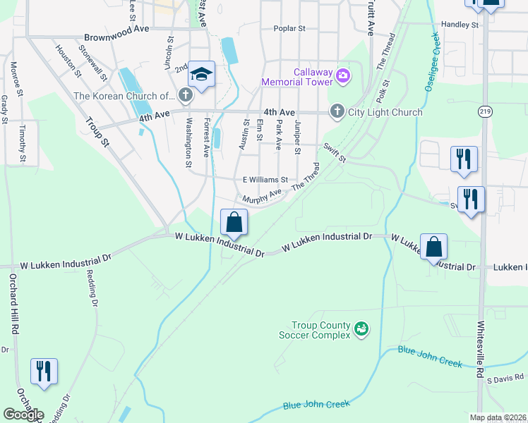 map of restaurants, bars, coffee shops, grocery stores, and more near 801 Hunnicutt Street in LaGrange