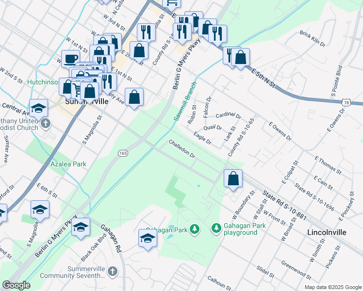 map of restaurants, bars, coffee shops, grocery stores, and more near 215 Challedon Drive in Summerville