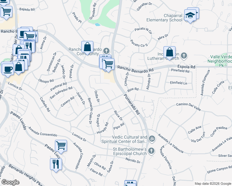 map of restaurants, bars, coffee shops, grocery stores, and more near 12525 Rios Road in San Diego