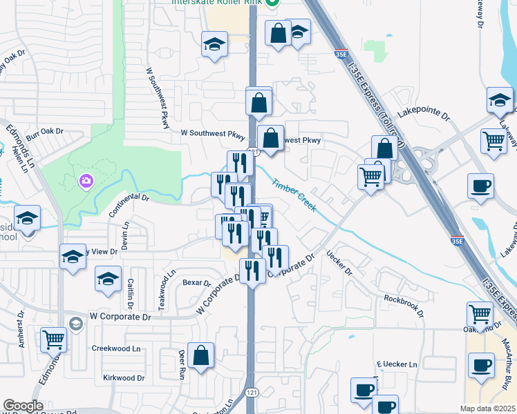 map of restaurants, bars, coffee shops, grocery stores, and more near 1902 Highway 121 Business in Lewisville