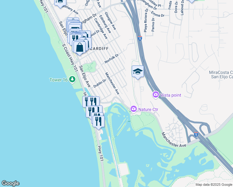 map of restaurants, bars, coffee shops, grocery stores, and more near 2508 Manchester Avenue in Encinitas