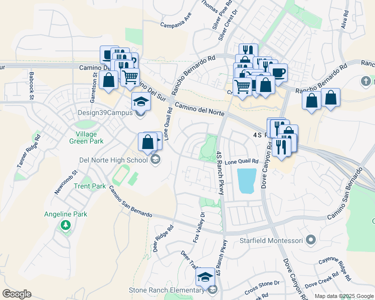 map of restaurants, bars, coffee shops, grocery stores, and more near 9836 Lone Quail Road in San Diego