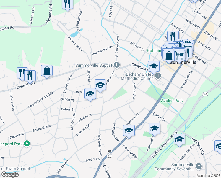 map of restaurants, bars, coffee shops, grocery stores, and more near 417 West Carolina Avenue in Summerville