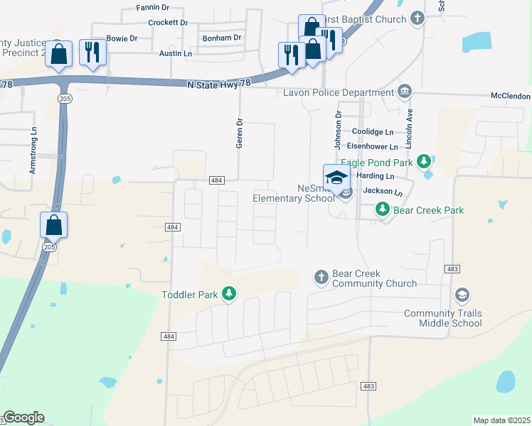 map of restaurants, bars, coffee shops, grocery stores, and more near 527 Trevor Street in Lavon