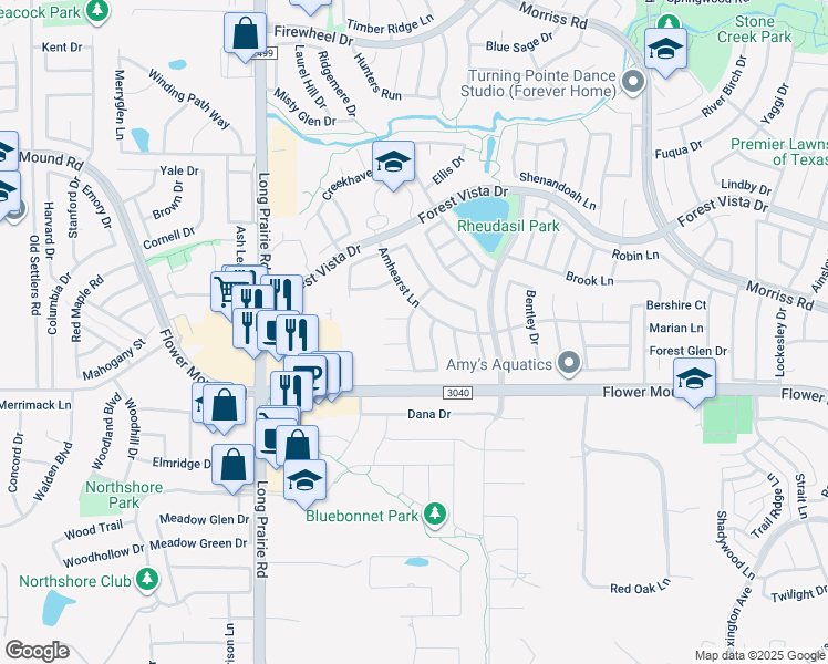 map of restaurants, bars, coffee shops, grocery stores, and more near 2204 Steppington Avenue in Flower Mound