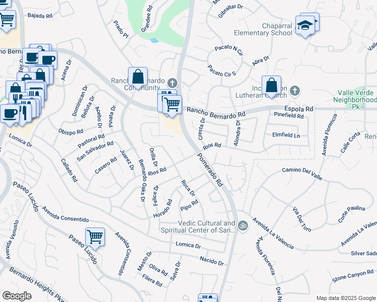map of restaurants, bars, coffee shops, grocery stores, and more near 12491 Rios Road in San Diego