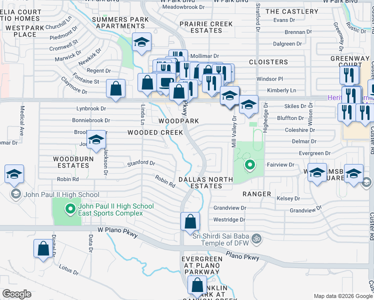 map of restaurants, bars, coffee shops, grocery stores, and more near 2924 Creekbend Drive in Plano