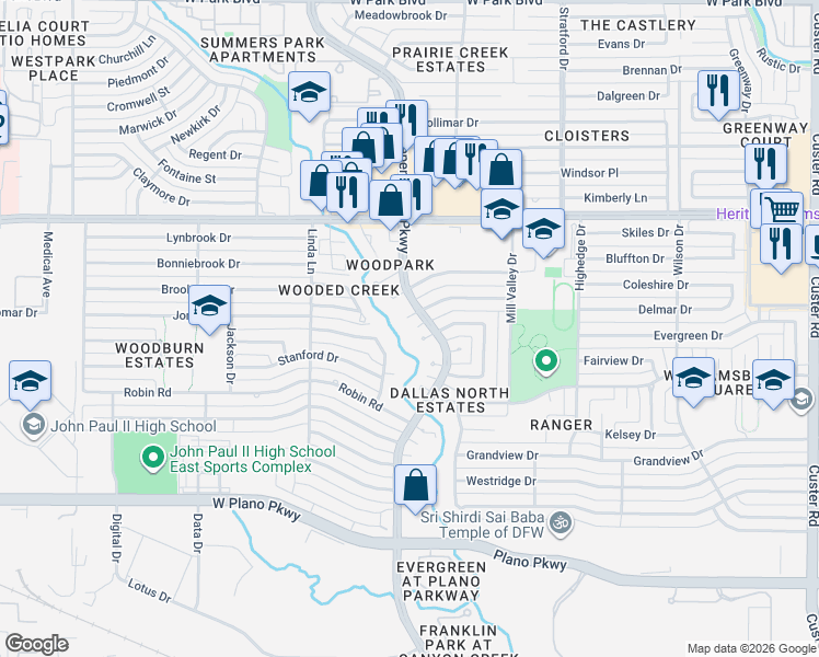 map of restaurants, bars, coffee shops, grocery stores, and more near 2924 Creekbend Drive in Plano