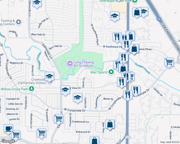 map of restaurants, bars, coffee shops, grocery stores, and more near 350 Continental Drive in Lewisville