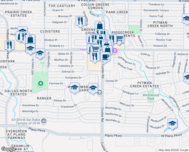 map of restaurants, bars, coffee shops, grocery stores, and more near 1212 Serenade Circle in Plano