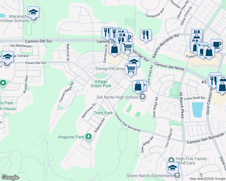 map of restaurants, bars, coffee shops, grocery stores, and more near 16655 Nicole Ridge Road in San Diego