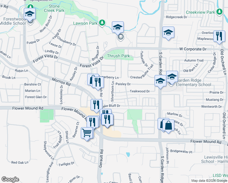 map of restaurants, bars, coffee shops, grocery stores, and more near 820 Stone Trail Drive in Flower Mound