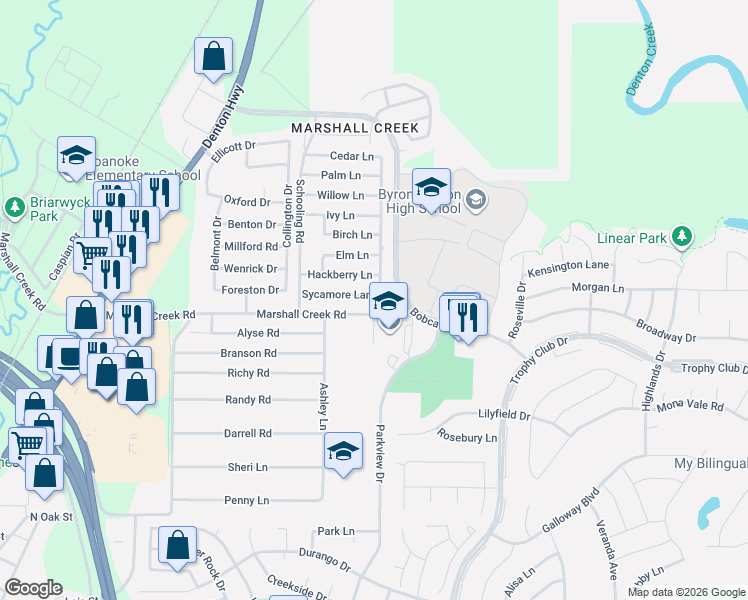 map of restaurants, bars, coffee shops, grocery stores, and more near 136 B Marshall Creek Road in Roanoke