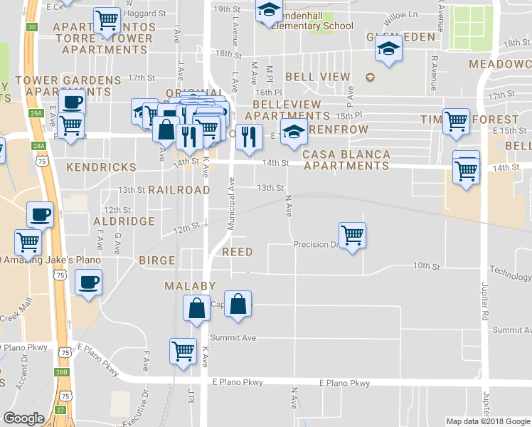 map of restaurants, bars, coffee shops, grocery stores, and more near 1209 N Avenue in Plano
