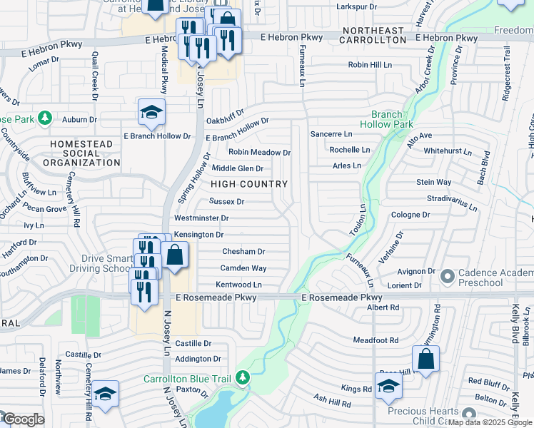 map of restaurants, bars, coffee shops, grocery stores, and more near 1945 Kensington Drive in Carrollton
