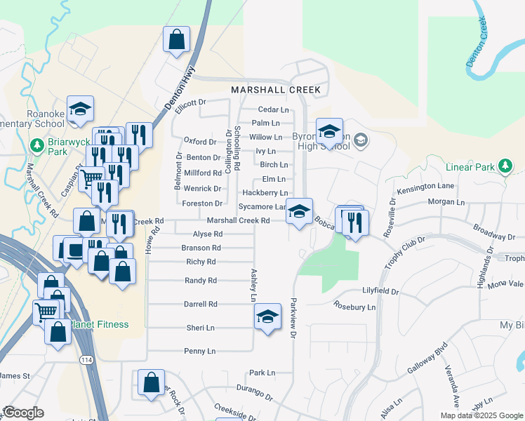 map of restaurants, bars, coffee shops, grocery stores, and more near 116 Sycamore Lane in Roanoke