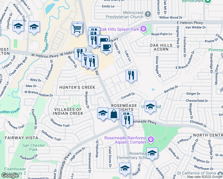 map of restaurants, bars, coffee shops, grocery stores, and more near 3830 Old Denton Road in Carrollton