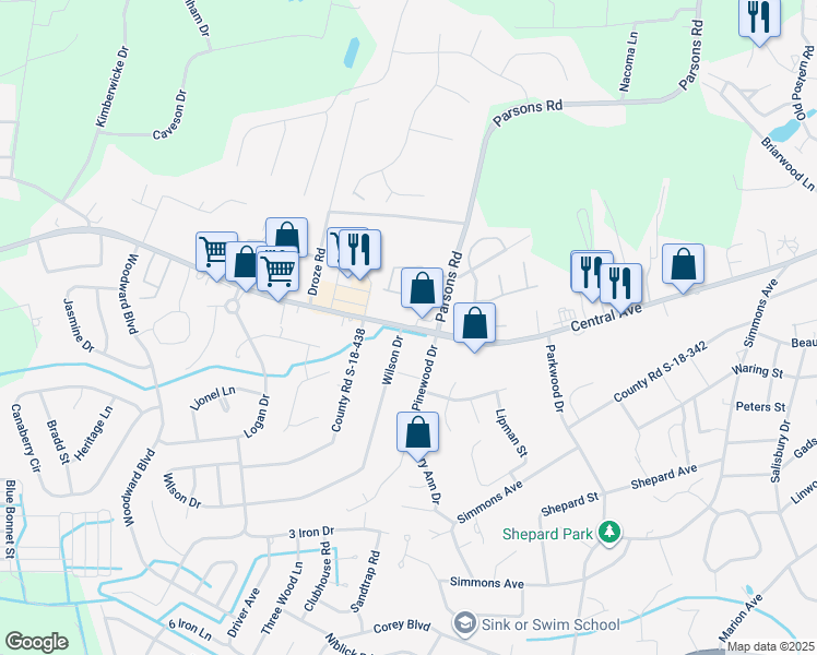 map of restaurants, bars, coffee shops, grocery stores, and more near Central Avenue in Summerville