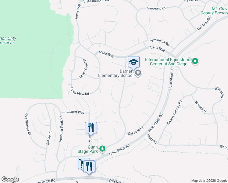 map of restaurants, bars, coffee shops, grocery stores, and more near 23820 Oak Meadow Drive in Ramona