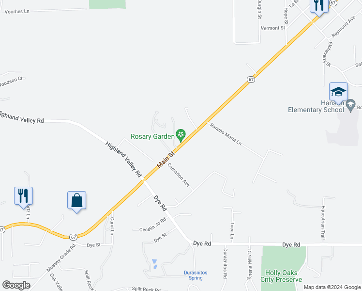 map of restaurants, bars, coffee shops, grocery stores, and more near 3323 California 67 in Ramona