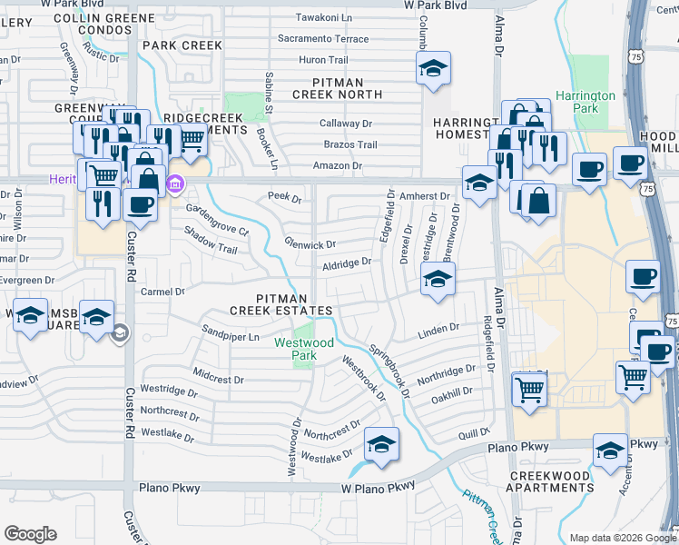 map of restaurants, bars, coffee shops, grocery stores, and more near 1612 Glenwick Drive in Plano
