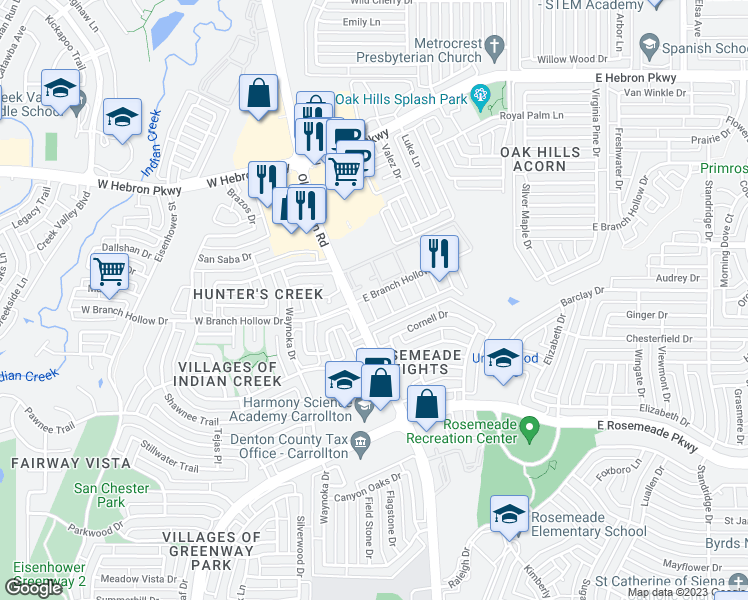 map of restaurants, bars, coffee shops, grocery stores, and more near 3910 Old Denton Road in Carrollton