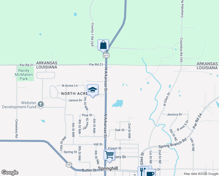 map of restaurants, bars, coffee shops, grocery stores, and more near 907 North Arkansas Street in Springhill