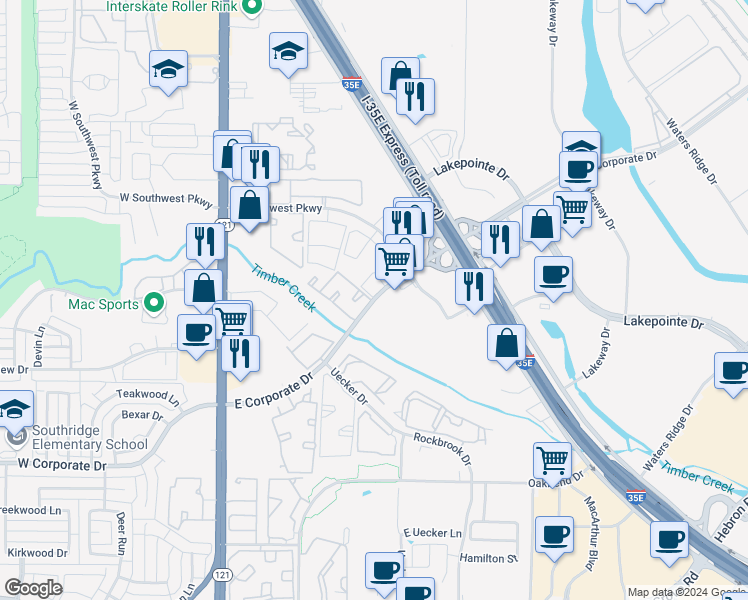 map of restaurants, bars, coffee shops, grocery stores, and more near 358 East Corporate Drive in Lewisville