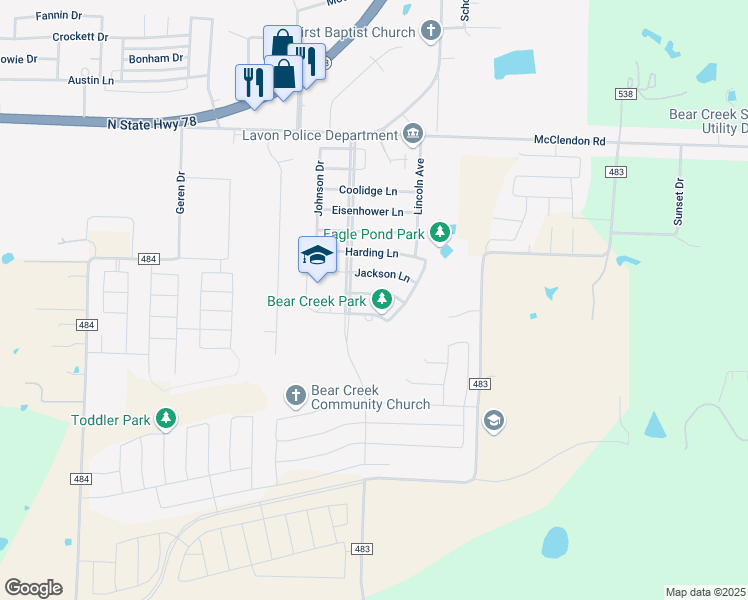 map of restaurants, bars, coffee shops, grocery stores, and more near 468 Jackson Lane in Lavon