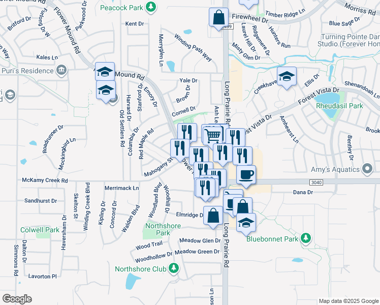 map of restaurants, bars, coffee shops, grocery stores, and more near 2917 Cypress Leaf Lane in Flower Mound