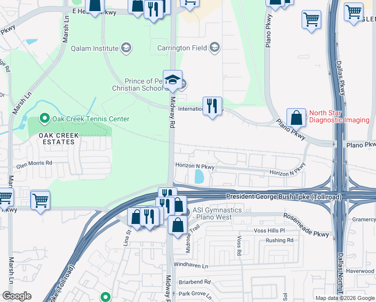 map of restaurants, bars, coffee shops, grocery stores, and more near 4141 Horizon North Parkway in Dallas