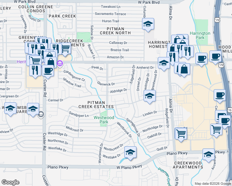 map of restaurants, bars, coffee shops, grocery stores, and more near 1612 Glenwick Drive in Plano