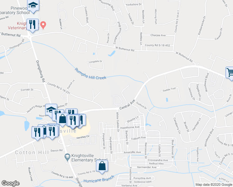map of restaurants, bars, coffee shops, grocery stores, and more near 140 Townsend Way in Summerville