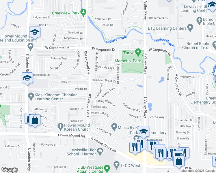 map of restaurants, bars, coffee shops, grocery stores, and more near 2007 Choctaw Ridge Drive in Lewisville
