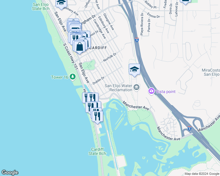 map of restaurants, bars, coffee shops, grocery stores, and more near 2487 Newcastle Avenue in Encinitas