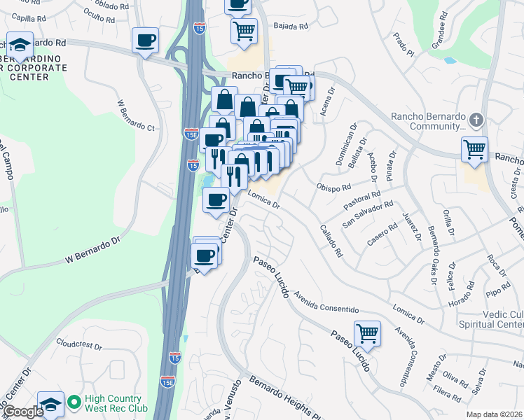 map of restaurants, bars, coffee shops, grocery stores, and more near 11902 Paseo Lucido in San Diego
