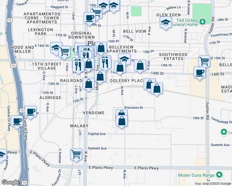 map of restaurants, bars, coffee shops, grocery stores, and more near 1209 N Avenue in Plano