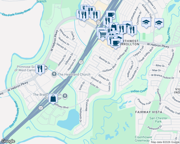 map of restaurants, bars, coffee shops, grocery stores, and more near 1524 Caldwell Circle in Carrollton