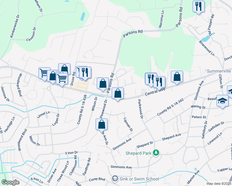 map of restaurants, bars, coffee shops, grocery stores, and more near 100 Pintail Drive in Summerville