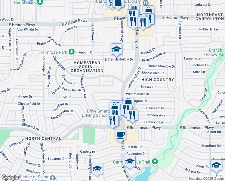 map of restaurants, bars, coffee shops, grocery stores, and more near 3902 Toews Lane in Carrollton