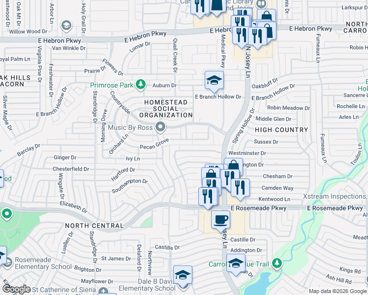 map of restaurants, bars, coffee shops, grocery stores, and more near 1814 Pecan Grove in Carrollton