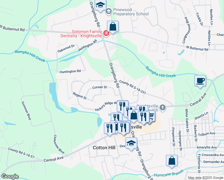 map of restaurants, bars, coffee shops, grocery stores, and more near 209 Corsair Street in Summerville