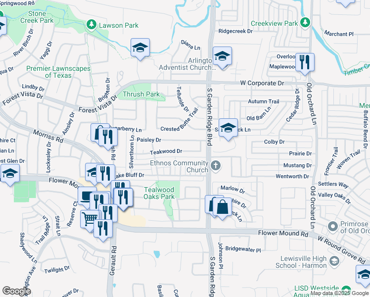 map of restaurants, bars, coffee shops, grocery stores, and more near 624 Teakwood Drive in Flower Mound