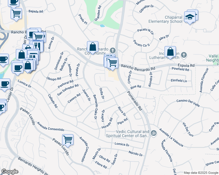 map of restaurants, bars, coffee shops, grocery stores, and more near 12465 Meandro Road in San Diego