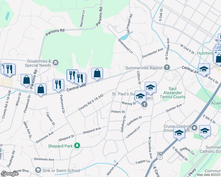 map of restaurants, bars, coffee shops, grocery stores, and more near 106 County Road S-18-342 in Summerville