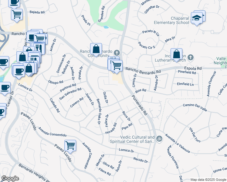 map of restaurants, bars, coffee shops, grocery stores, and more near 12465 Meandro Road in San Diego
